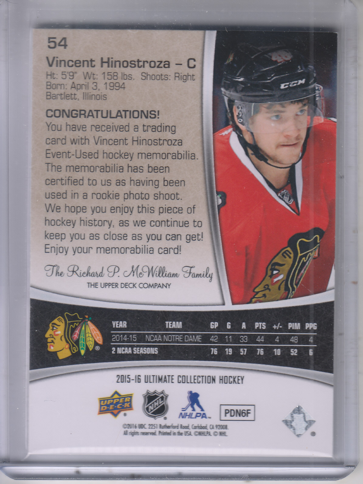 2015-16 Ultimate Collection Silver #54 Vincent Hinostroza JSY back image