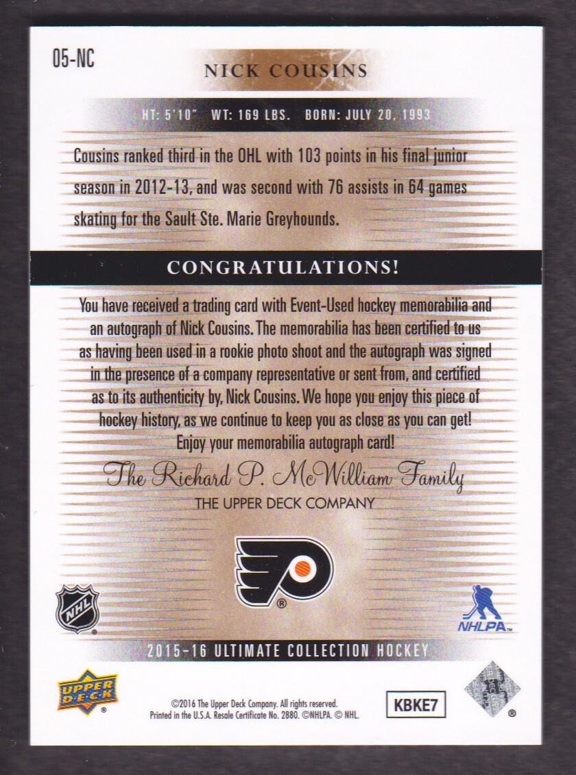 2015-16 Ultimate Collection '05-06 Ultimate Rookies Spectrum Silver #05NC Nick Cousins JSY AU back image