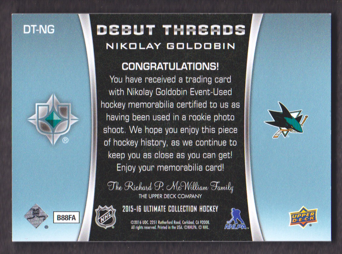 2015-16 Ultimate Collection Debut Threads #DTNG Nikolay Goldobin back image