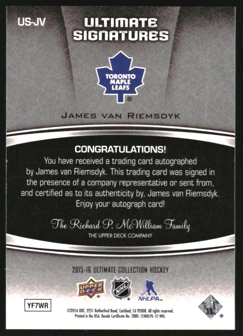 2015-16 Ultimate Collection Ultimate Signatures #USJV James van Riemsdyk C