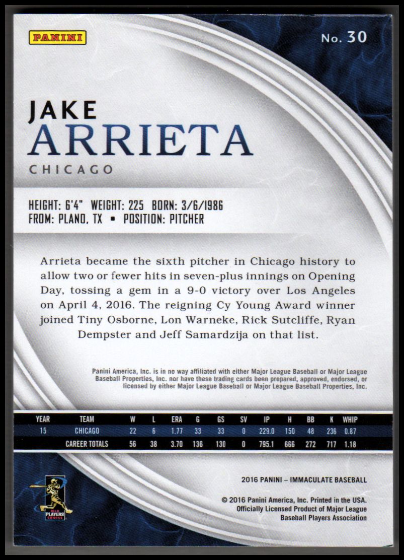2016 Immaculate Collection #30 Jake Arrieta back image