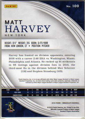2016 Immaculate Collection Blue #100 Matt Harvey back image