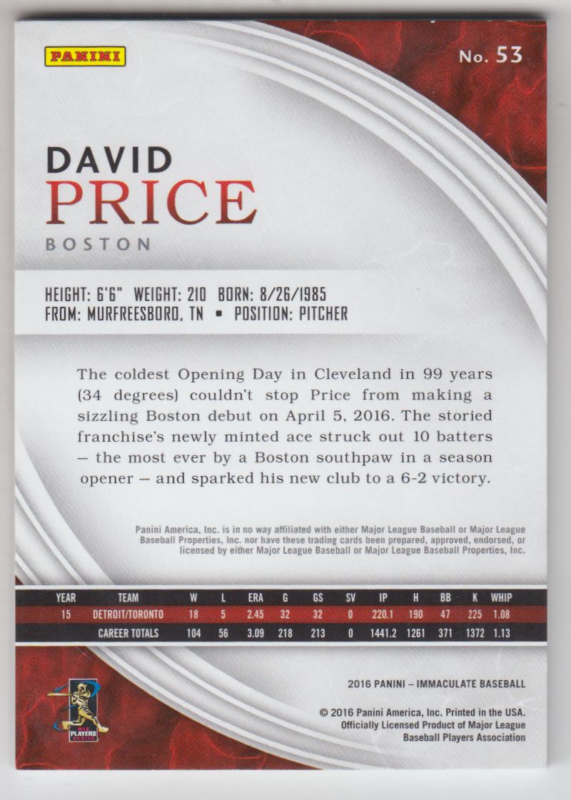 2016 Immaculate Collection Red #53 David Price back image