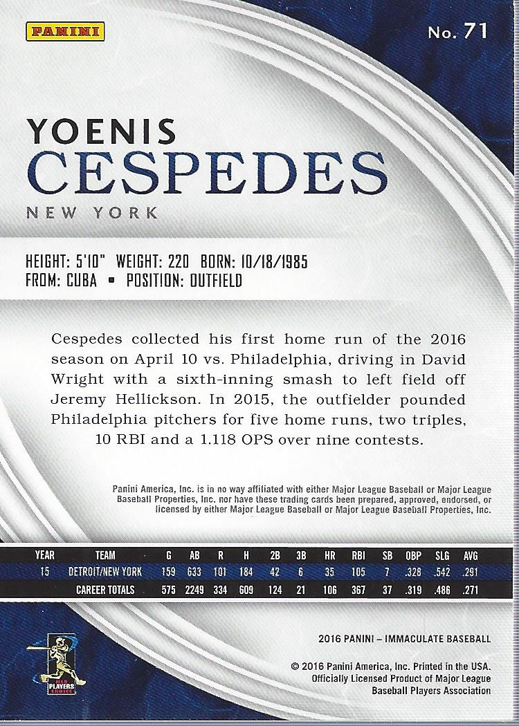 2016 Immaculate Collection Red #71 Yoenis Cespedes back image