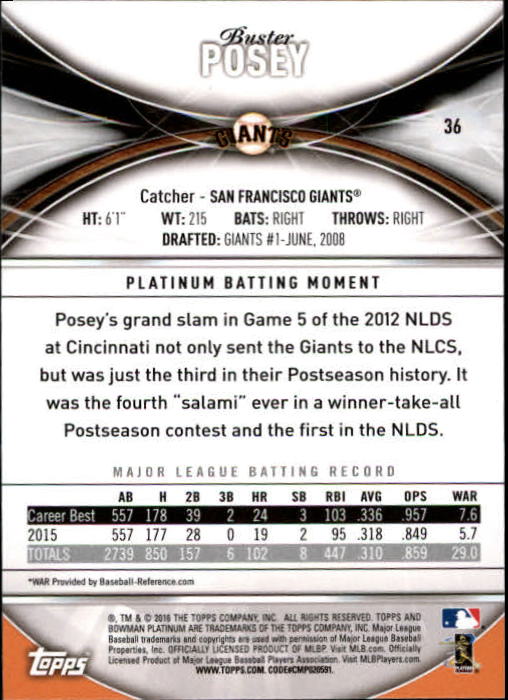 2016 Bowman Platinum Ice #36 Buster Posey back image