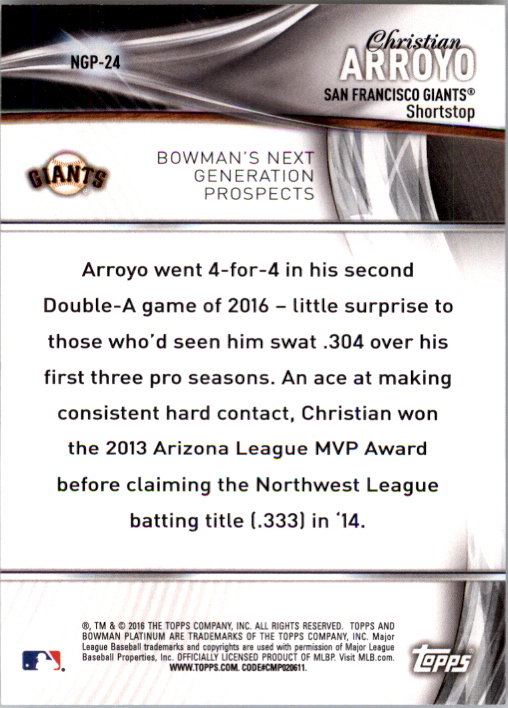 2016 Bowman Platinum Next Generation Prospects Purple #NGP24 Christian Arroyo back image