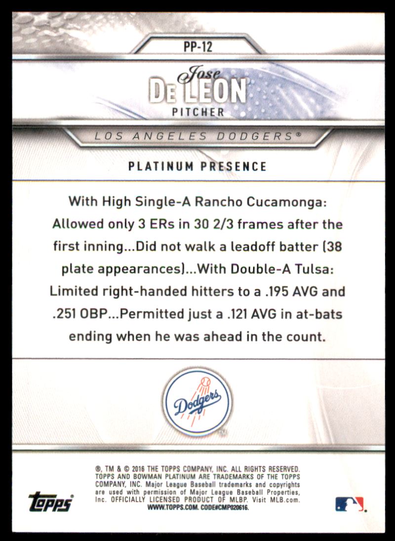 2016 Bowman Platinum Platinum Presence Green #PP12 Jose De Leon