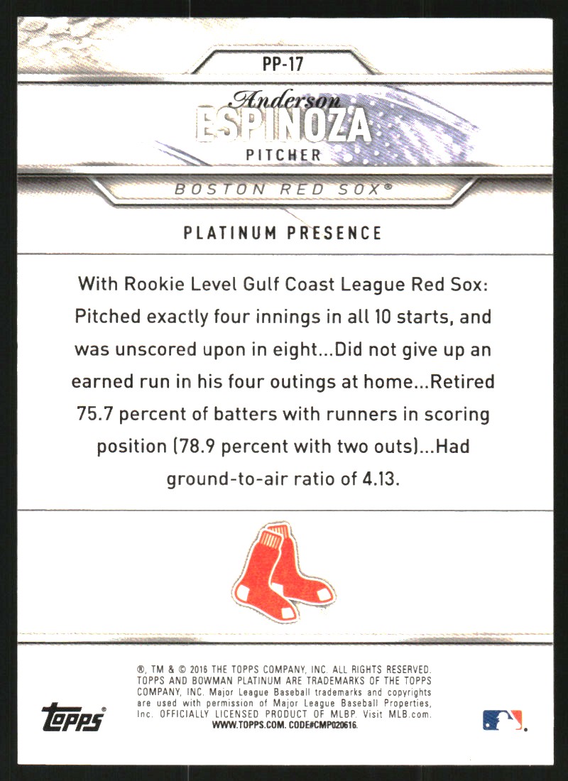 2016 Bowman Platinum Platinum Presence Green #PP17 Anderson Espinoza