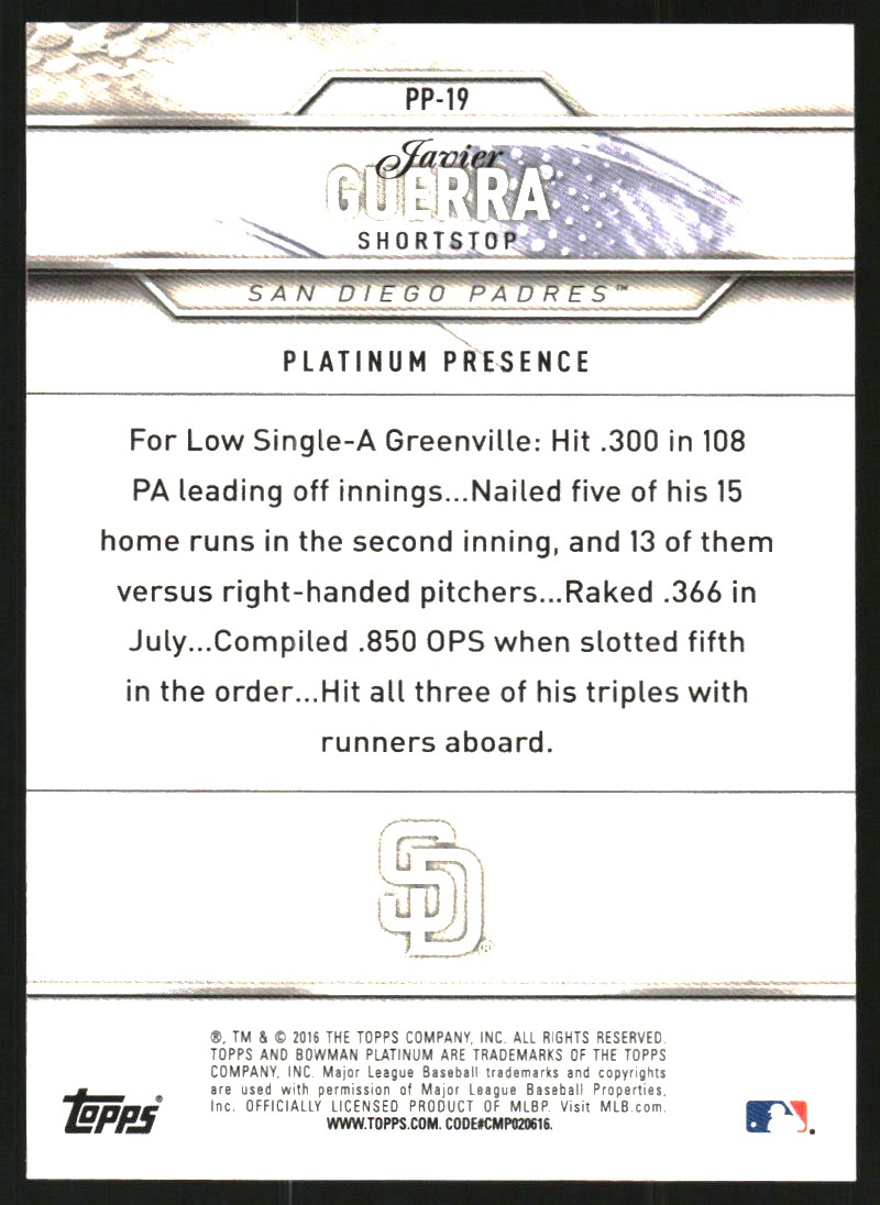 2016 Bowman Platinum Platinum Presence Green #PP19 Javier Guerra