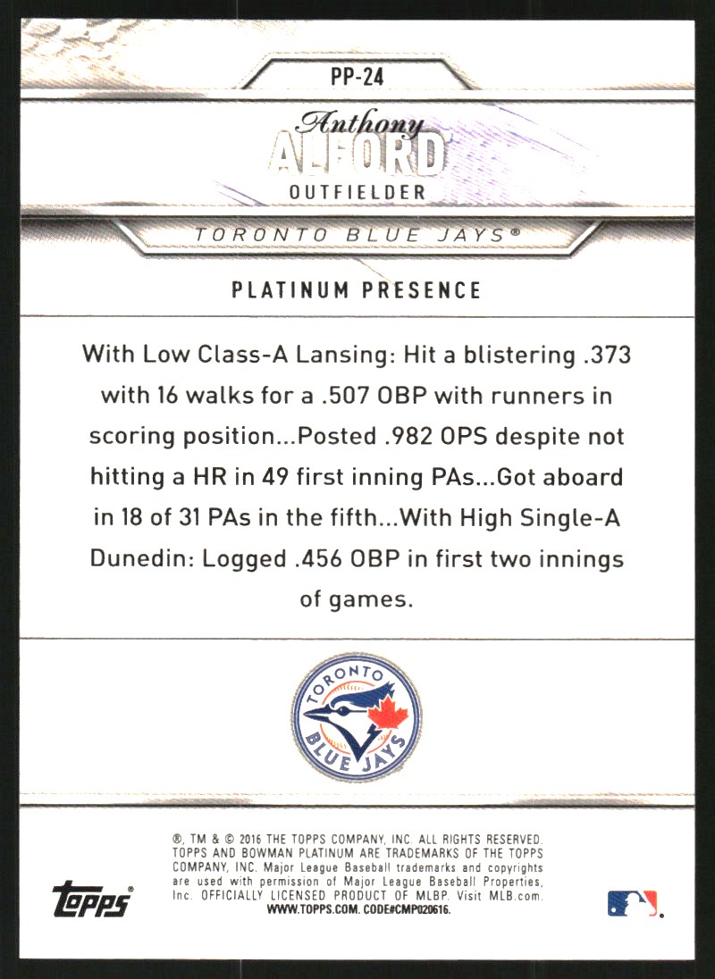2016 Bowman Platinum Platinum Presence Green #PP24 Anthony Alford