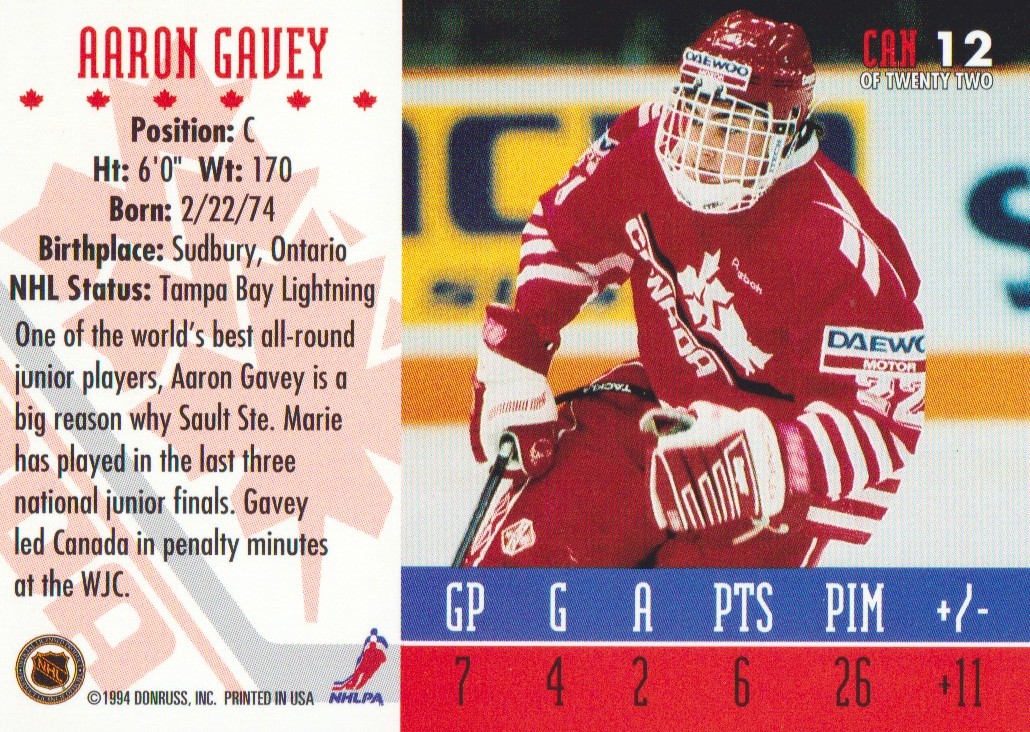 1993-94 Donruss Team Canada #12 Aaron Gavey back image