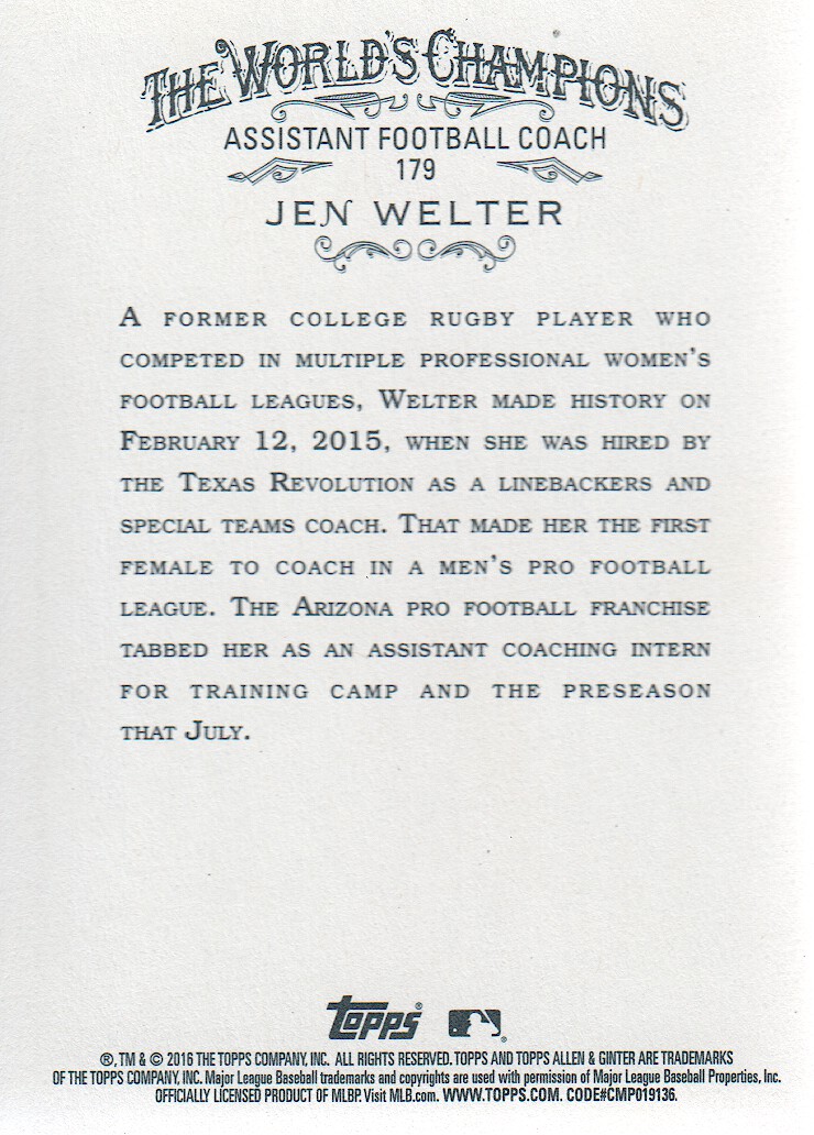 2016 Topps Allen and Ginter X #179 Jen Welter back image