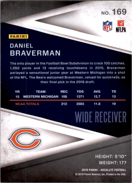 2016 Absolute #169 Daniel Braverman RC back image