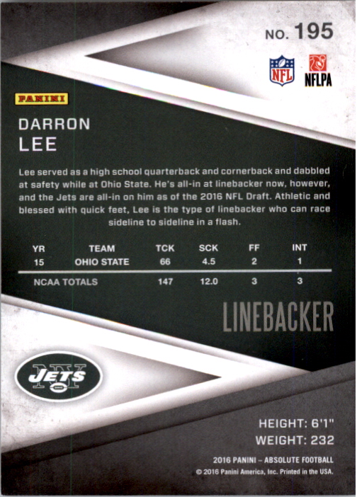 2016 Absolute #195 Darron Lee RC back image