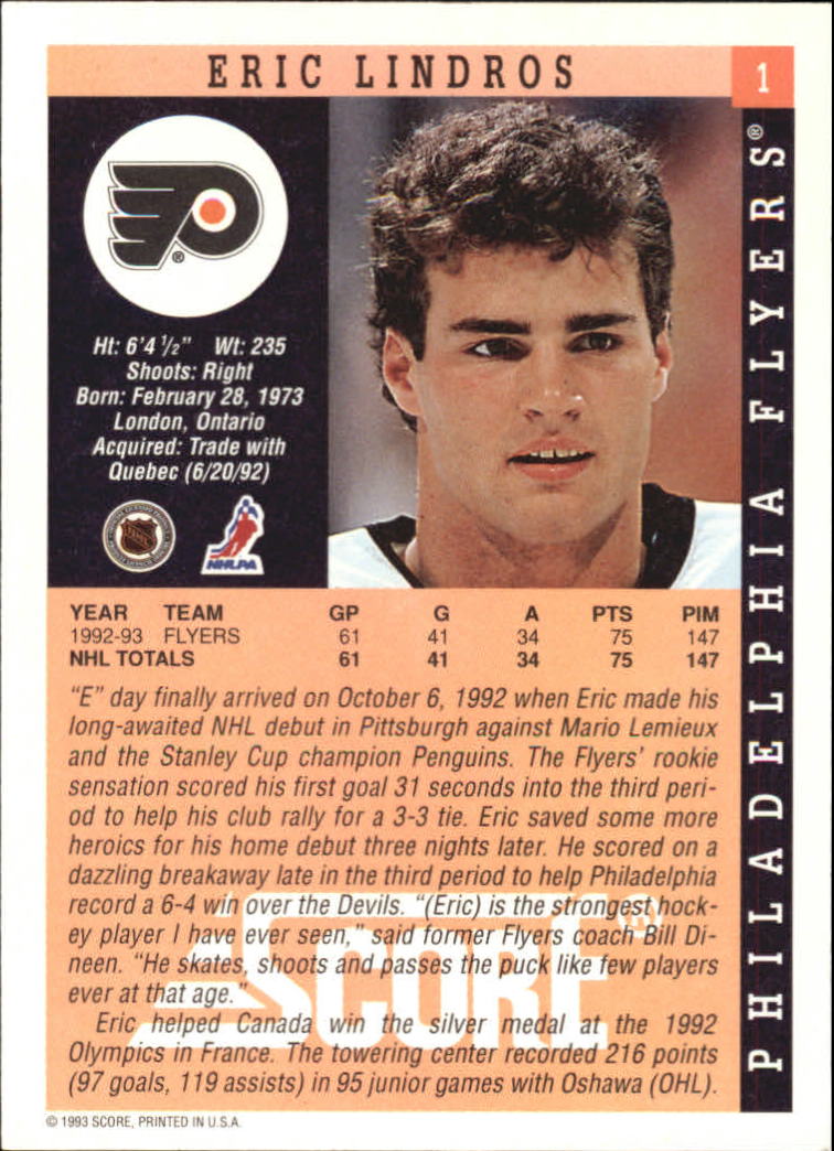 1993-94 Score #1 Eric Lindros back image