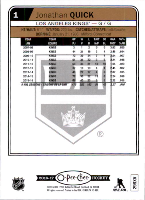 2016-17 O-Pee-Chee Rainbow #1 Jonathan Quick back image