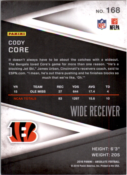 2016 Absolute Spectrum Red #168 Cody Core back image