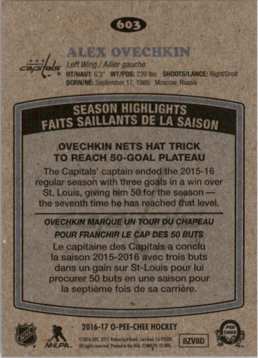 2016-17 O-Pee-Chee Retro #603 Alexander Ovechkin SH