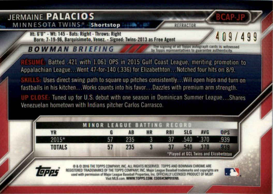 2016 Bowman Chrome Prospect Autographs Refractors #BCAPJP Jermaine Palacios