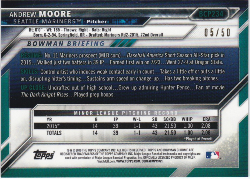 2016 Bowman Chrome Prospects Gold Refractors #BCP234 Andrew Moore back image