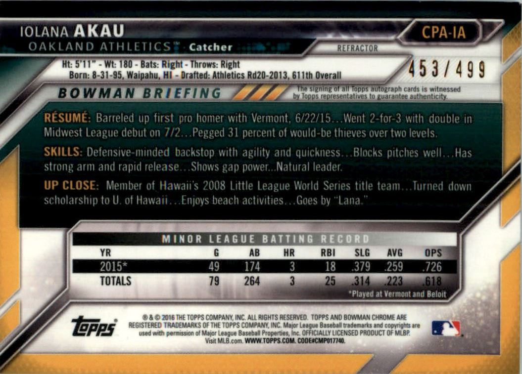 2016 Bowman Chrome Prospect Autographs Refractors #CPAIA Iolana Akau