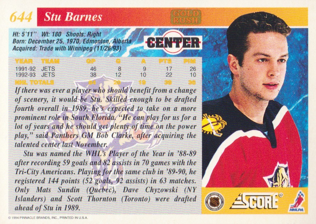1993-94 Score Gold Rush #644 Stu Barnes back image
