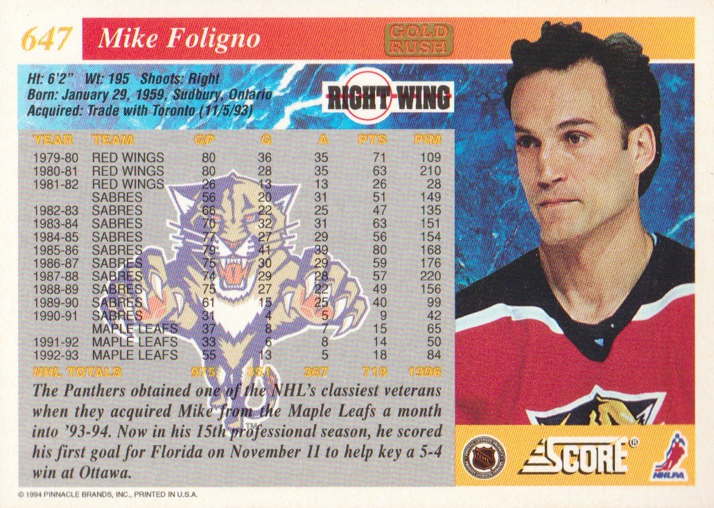 1993-94 Score Gold Rush #647 Mike Foligno back image