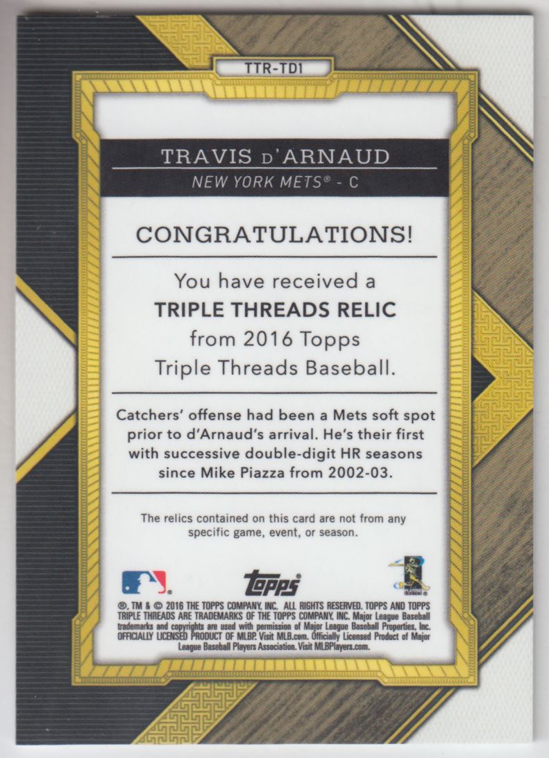 2016 Topps Triple Threads Relics Silver #TTRTD1 Travis d'Arnaud back image