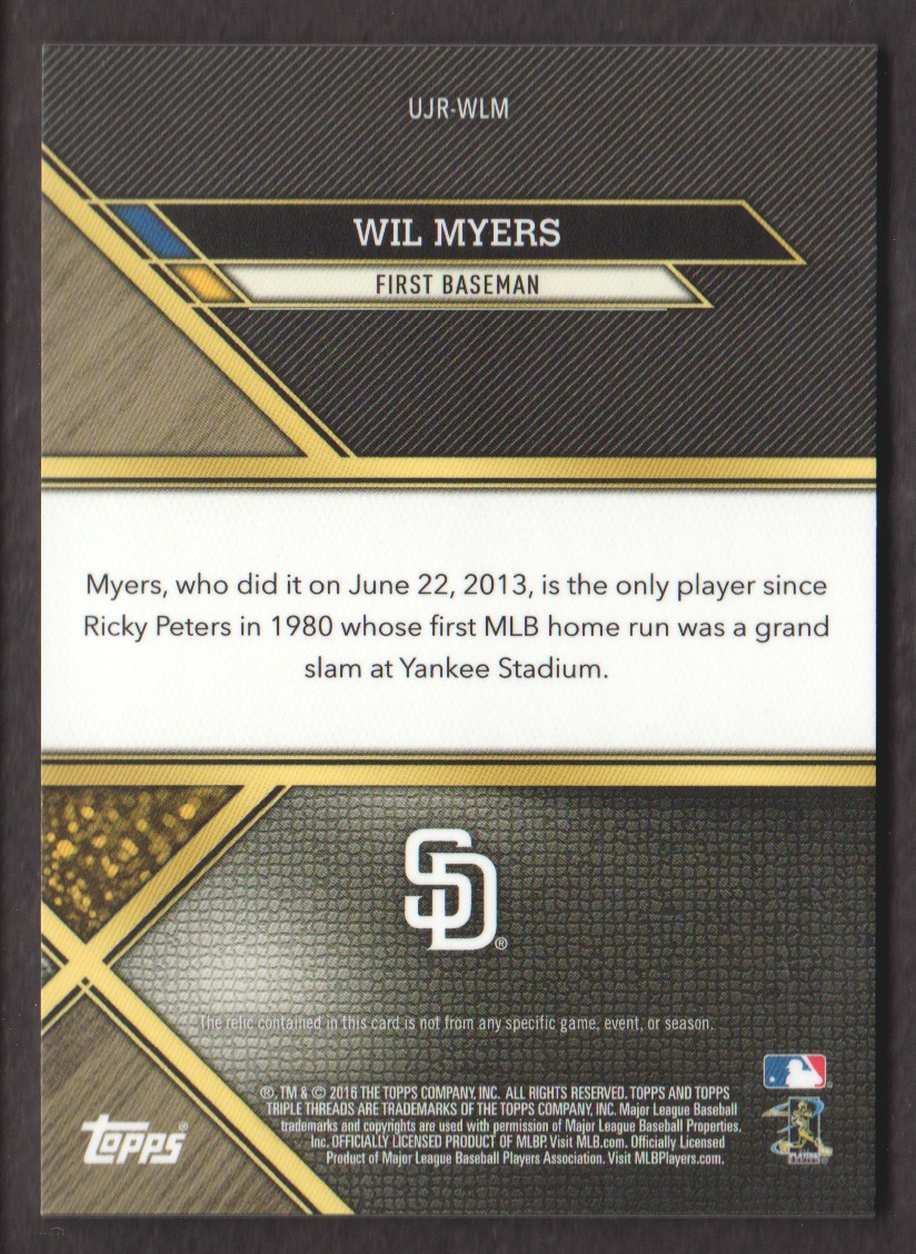 2016 Topps Triple Threads Unity Jumbo Relics Silver #UJRWLM Wil Myers back image