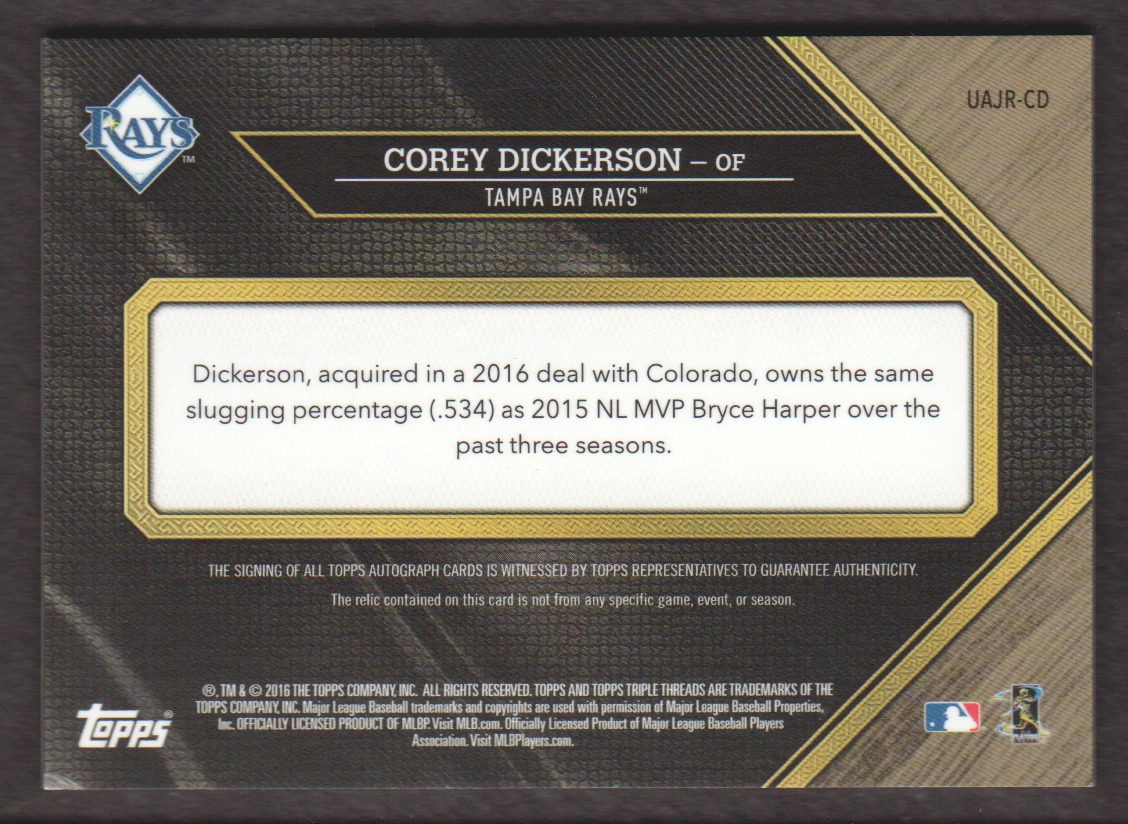 2016 Topps Triple Threads Unity Jumbo Relic Autographs Emerald #UAJRCD Corey Dickerson back image