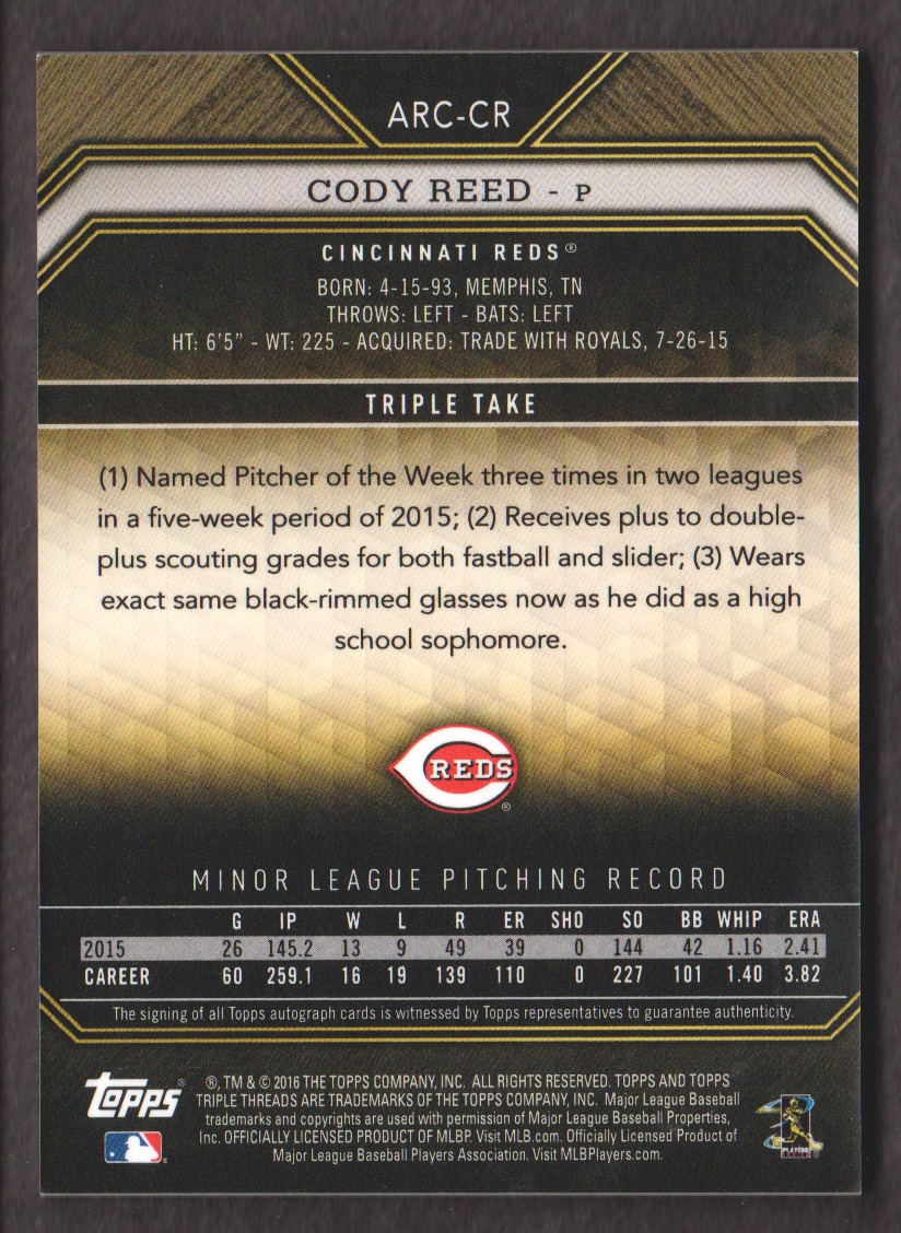 2016 Topps Triple Threads Rookie Autographs #ARCCR Cody Reed back image