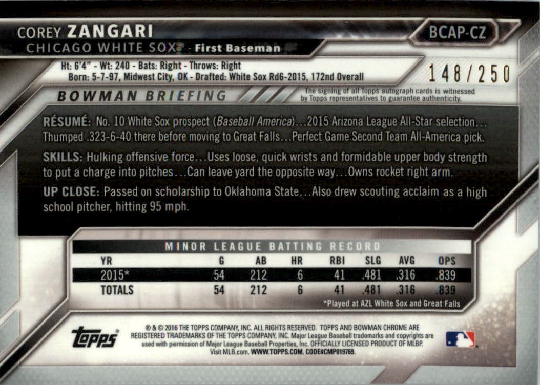 2016 Bowman Chrome Prospect Autographs Purple Refractors #BCAPCZ Corey Zangari