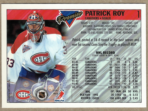1993-94 Topps Premier #1 Patrick Roy back image