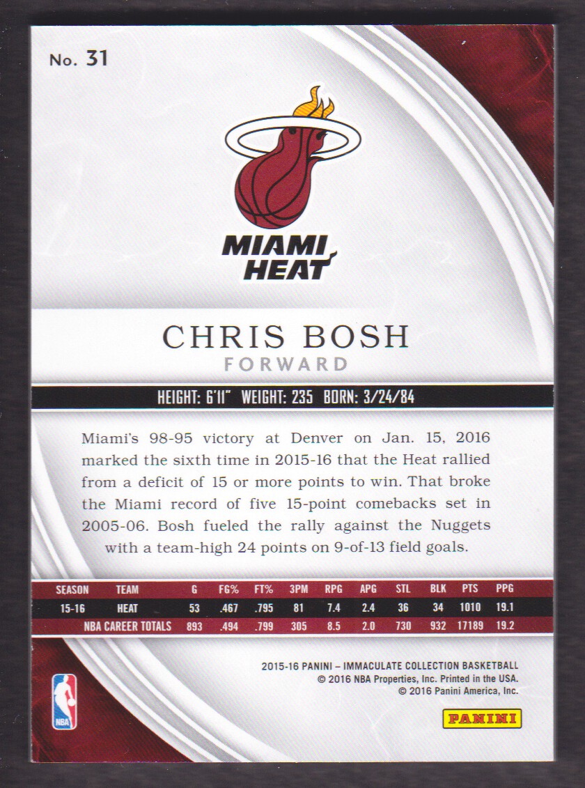 2015-16 Immaculate Collection Blue #31 Chris Bosh back image