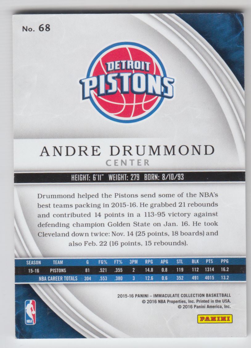 2015-16 Immaculate Collection Bronze #68 Andre Drummond back image