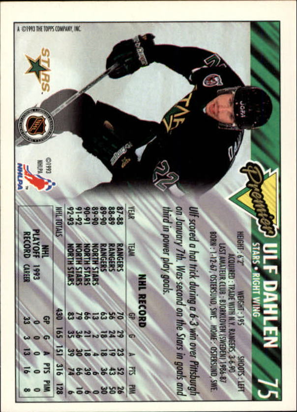 1993-94 Topps Premier Gold #75 Ulf Dahlen back image