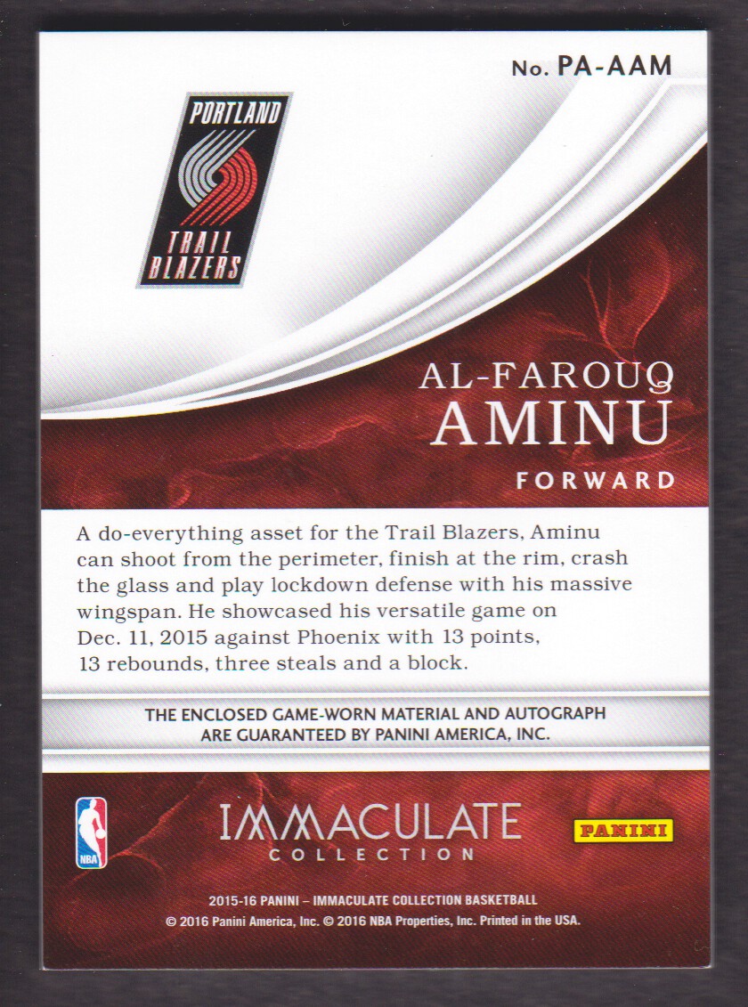 2015-16 Immaculate Collection Patch Autographs #PAAAM Al-Farouq Aminu/60 back image