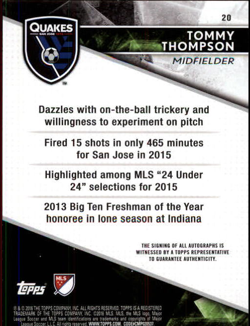 2016 Topps Apex MLS Autographs #20 Tommy Thompson back image