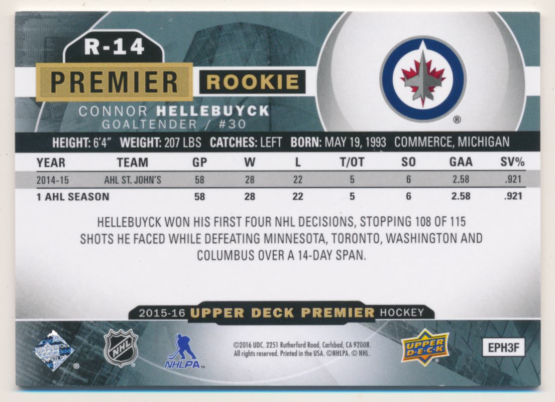 2015-16 Upper Deck Premier Rookies #R14 Connor Hellebuyck