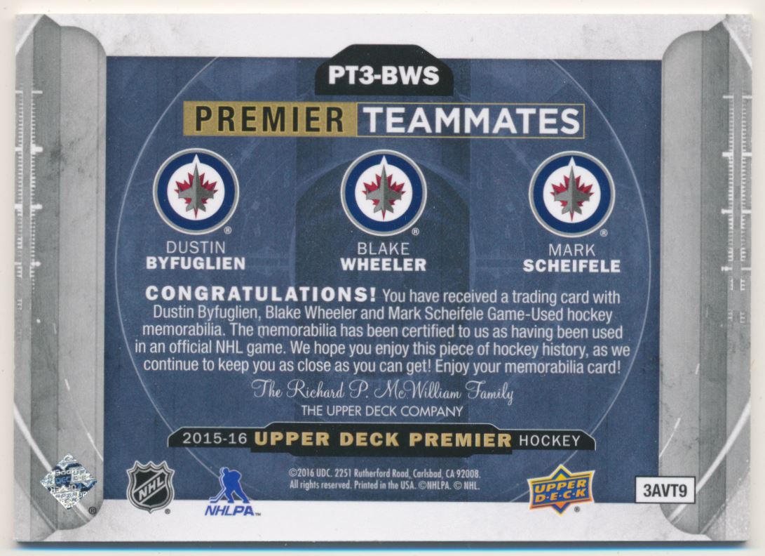 2015-16 Upper Deck Premier Premier Teammates Jerseys #PT3BWS Dustin Byfuglien/Blake Wheeler/Mark Scheifele/99 back image