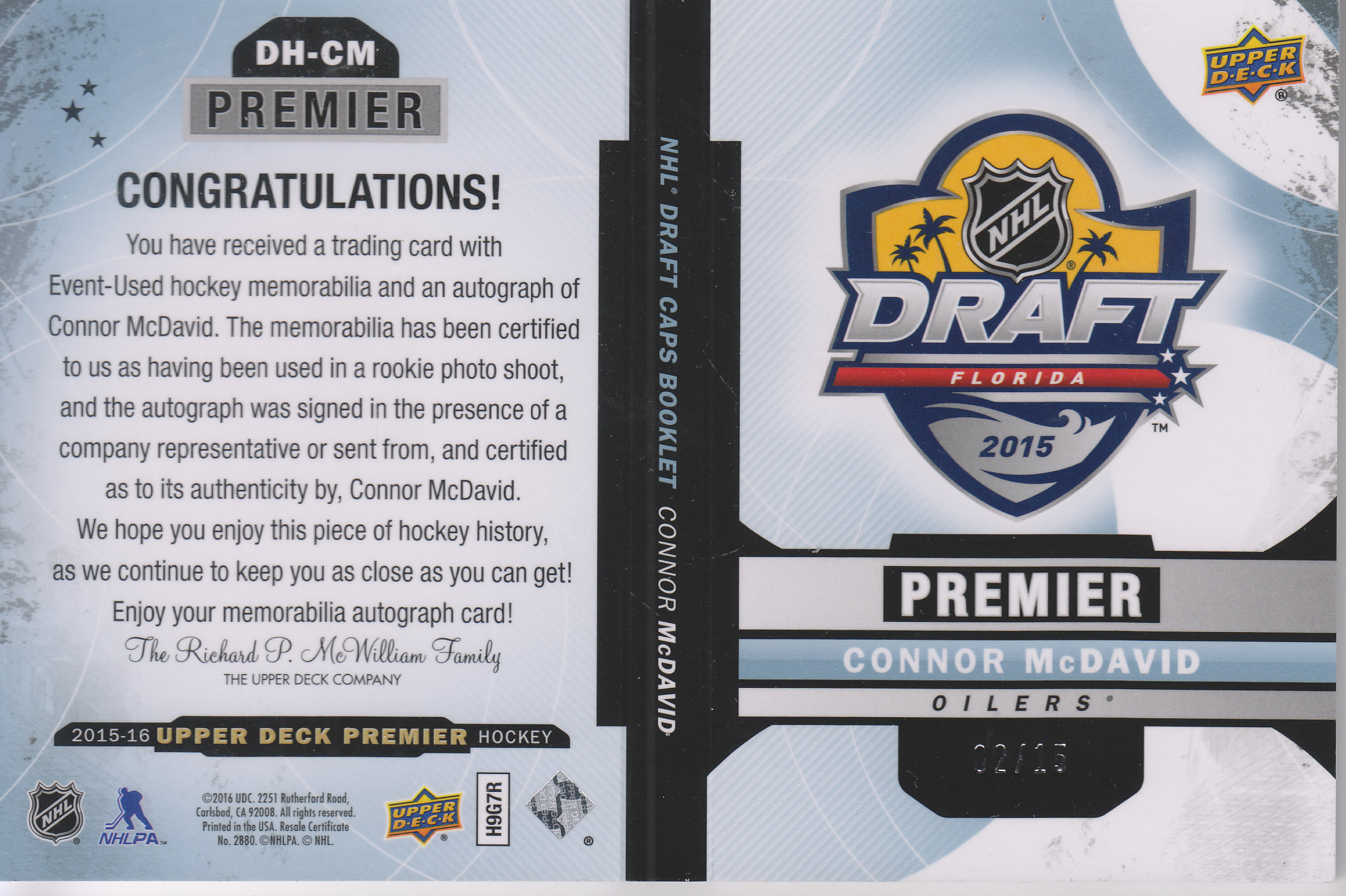 2015-16 Upper Deck Premier Rookie Draft Cap Autograph Booklets #DHCM Connor McDavid back image