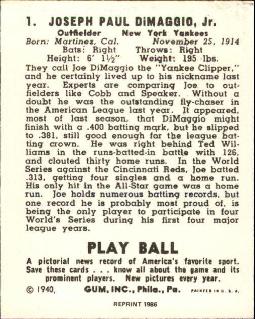 1940 Play Ball Reprints #1 Joe DiMaggio back image