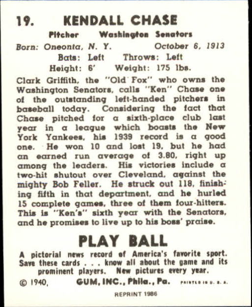 1940 Play Ball Reprints #19 Ken Chase