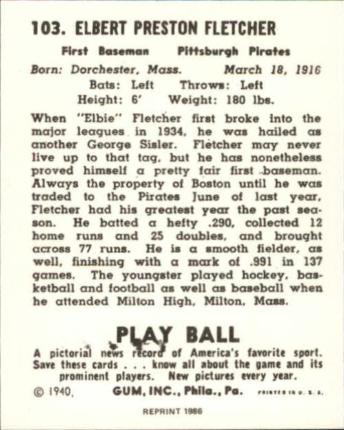 1940 Play Ball Reprints #103 Elbie Fletcher back image