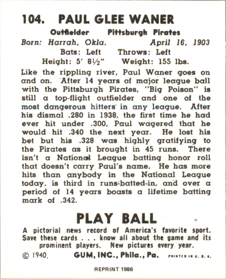 1940 Play Ball Reprints #104 Paul Waner back image