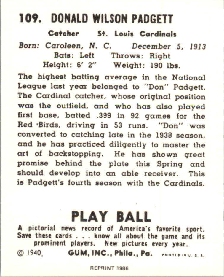 1940 Play Ball Reprints #109 Don Padgett back image