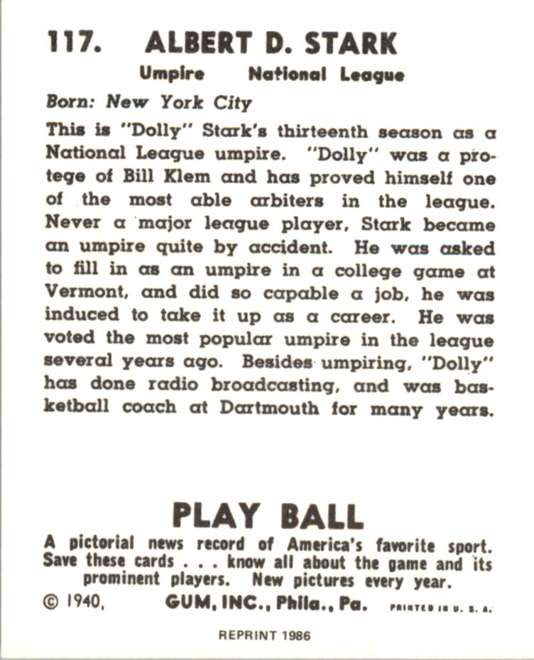 1940 Play Ball Reprints #117 Dolly Stark UMP back image