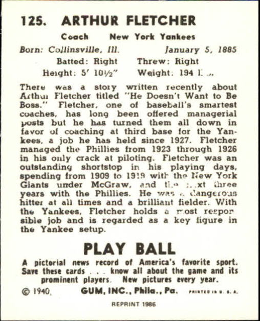 1940 Play Ball Reprints #125 Art Fletcher back image
