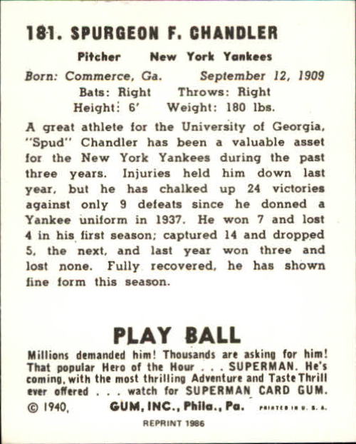 1940 Play Ball Reprints #181 Spud Chandler back image