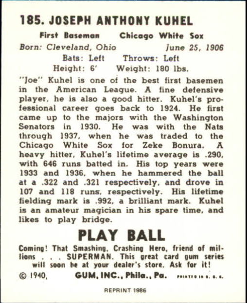1940 Play Ball Reprints #185 Joe Kuhel back image